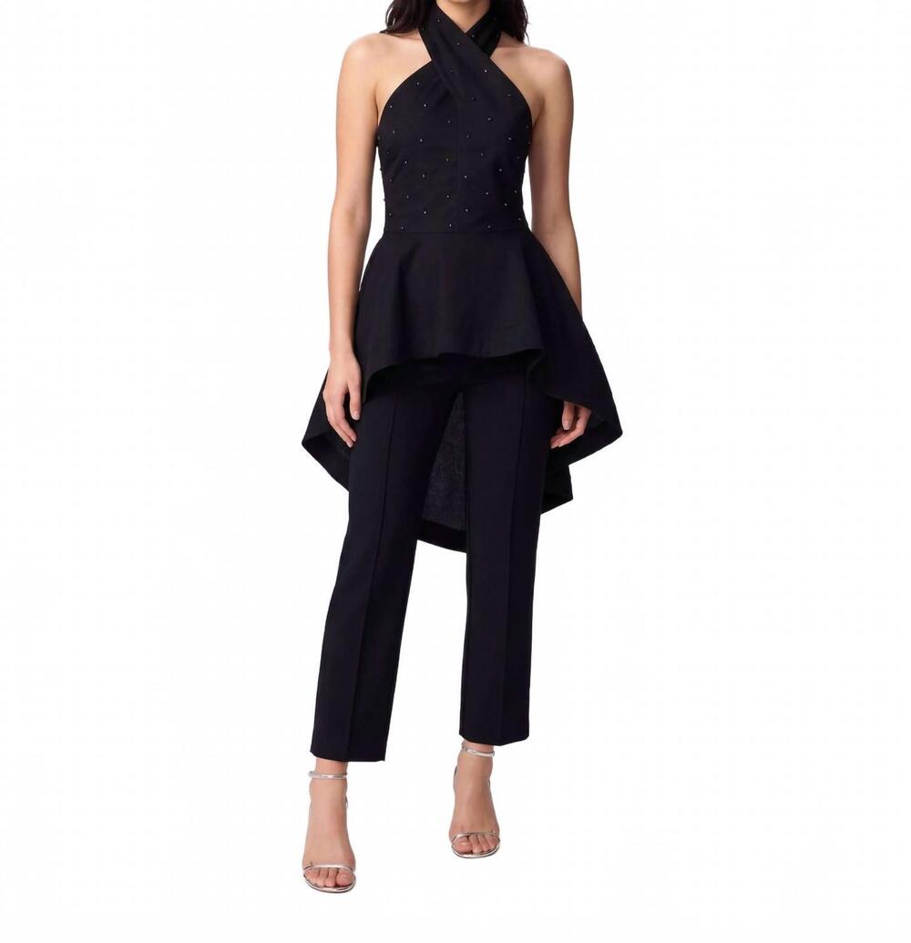 NEW THEO THE LABEL women's echo hi-low pearly halter shirting top in black / gun
